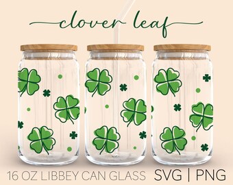 Clover Leaf Line Art • 16 Oz Glass Can Cut File, St Patrick's Day Svg, Clover Leaf Svg, Four Leaf Clover Svg, Svg Wrap Files For Cricut