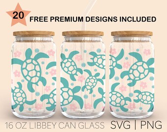 Turtle Flowers, Libbey Can Glass Svg, 16 Oz Can Glass, Retro Flowers Svg, Turtle can glass svg, Beer Can Glass, Digital Download