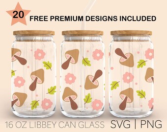 Spring Mushroom • 16 Oz Glass Can Cut File, Spring Svg, Mushroom Svg, SVG Files For Cricut, Wrap Template, Digital Download