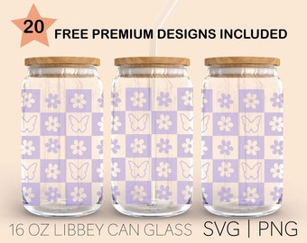 Checkered Butterly Flower, 16 Oz Libbey Glass Svg, Checkered Svg, Boho Svg, Y2k Svg, 60s Hippie Svg, Boho SvgSilhouette Cricut, Digital File