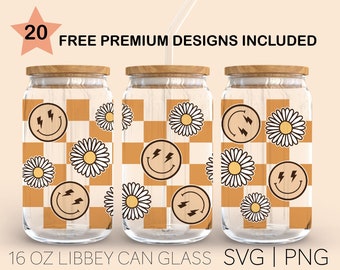 Checkered Daisy Smiley Svg, 16 Oz Glass Can Cut File, Retro Svg, Hippie Svg, Groovy Svg, Daisy Svg, Smiley Face Svg, Checkered Svg