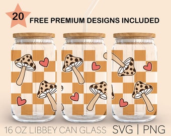 Magic Mushroom Checkered, 16 Oz Glass Can Cut File, Mushroom Svg, Magic Mushroom Svg, Magic Svg, Celestial Svg, Digital Download