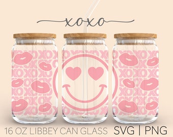 Love Happy Face • 16 Oz Glass Can Cut file, Love Happy Face Svg, Valentines Day Svg, Valentines Vibes Svg, Heart Eyes, Svg Files for Cricut