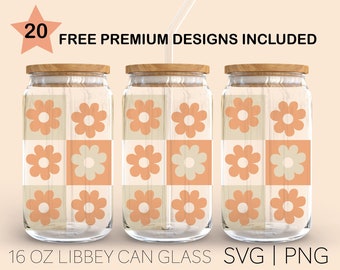 Retro Daisy Checkered svg, 16 Oz Glass Can Cut File, Retro Boho Daisy Svg, Retro Flowers Glass Can Wrap Files for Cricut & Silhouette Cameo