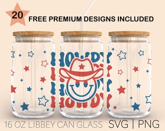 Howdy America Svg, 16 Oz Libbey Glass Svg, America Svg, Usa Svg, Western Svg, Smiley Face Svg, fourth of july svg, Cowboy Svg, Patriotic Svg