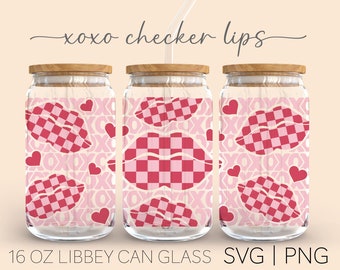 Xoxo Checker Lips • 16 Oz Glass Can Cut file, Xoxo Checker Lips Svg, Valentine's Day Svg, Lips Svg, Checker Svg, Svg Files For Cricut