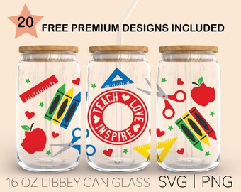 Teach Love Inspire Svg, 16 Oz Glass Can Cut File, Teacher Life Svg, Teacher Svg, Layered Libbey Glass,Digital Download