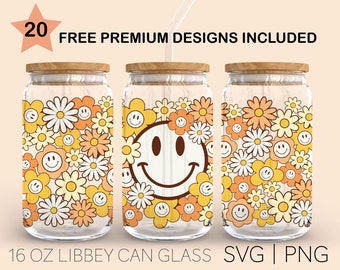 Retro Smiley Flowers, 16 Oz Libbey Glass Svg, Boho Vintage  Svg, 70's Groovy Floral Svg, Retro Smile Face, Svg For Cricut, Digital Download