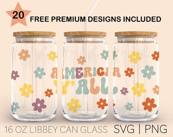 America Y'all, 16 Oz Libbey Glass Svg, USA Svg, Floral Retro Svg, 4th Of July, Groovy American Girls, Independence Day Svg, Fourth of July