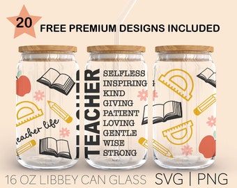Teacher Svg, 16 Oz Glass Can Cut File, Glass Svg, Teacher Life Svg, Teacher Svg, Can Glass Personalize, Floral Can glass, Cricut Svg