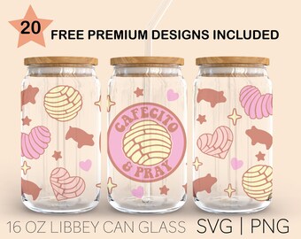 Cafecito & Pray Datei, 16 Unzen Glas kann schneiden Datei, Libbey Glas svg, Concha svg, mexikanische Conchas svg, Silhouette Cricut, svg-Dateien für Cricut
