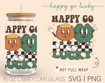 Happy Go Lucky • 16-uncjowy plik do cięcia szklanych puszek, Happy Go Lucky Svg, Dzień Świętego Patryka Svg, Retro Groovy St. Pattys Svg, Pobieranie cyfrowe