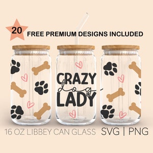May include: Three 16 ounce glass jars with wooden lids and a straw. The jars are decorated with a pattern of paw prints, bones, and hearts. The middle jar has the text "CRAZY dog LADY" on it.