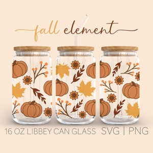 Fall Elements • 16oz Glass Can Cutfile, Pumpkin Svg, Autumn Wrap For Libbey Glass, Thanksgiving Libbey Glass Can Wrap, Digital Download