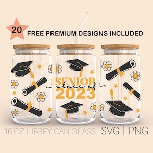 May include: Three 16 ounce glass jars with wooden lids and a graduation theme. The jars have a pattern of graduation caps, diplomas, stars, and flowers. The middle jar has the text "Senior class of 2023" in black and yellow.