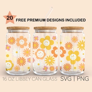 Retro Happy Flowers, 16 Oz Libbey Glass Svg, Smile Face Flowers Svg, Boho Groovy Flowers Svg, Retro Daisy Svg, Retro Svg, Digital Download