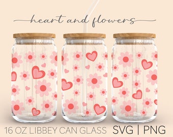 Heart And Flower • 16 Oz Glass Can Cut File, Heart Svg, Retro Flowers Svg, Valentines Day Svg, Beer Can Glass Svg, Svg Wrap Files For Cricut