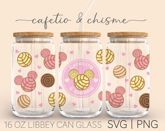 Cafecito y Chisme • 16oz Glass Can Cutfile, Mexican Conchas Svg, Cafecito Svg, Svg Files for Cricut, Libbey Wrap Template, Digital Download