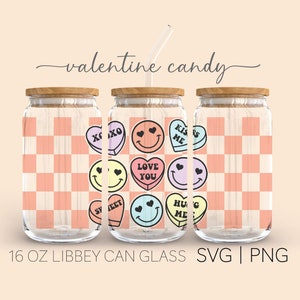Valentine Candy • 16oz Glass Can Cutfile, Checkered Svg, Candy Heart Svg, Conversation Hearts, Cricut Cut File Svg, Digital Download