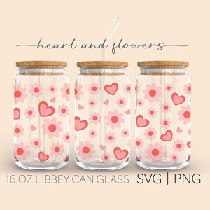 Heart And Flower • 16 Oz Glass Can Cut File, Heart Svg, Retro Flowers Svg, Valentines Day Svg, Beer Can Glass Svg, Svg Wrap Files For Cricut