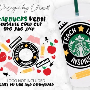 Teach Love Inspire Starbucks Cup Svg / Venti Cold Cup 24oz / Giorno di apprezzamento dell'insegnante / Download del carburante per l'insegnante / SVG / File PNG per Cricut