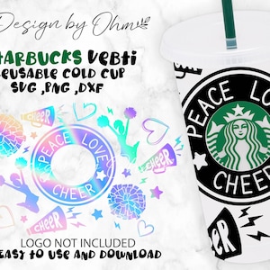 May include: A white reusable cold cup with a black and green design featuring the text "Peace Love Cheer" and a stylised Starbucks logo. The cup is decorated with iridescent cheerleading pom-poms and hearts.
