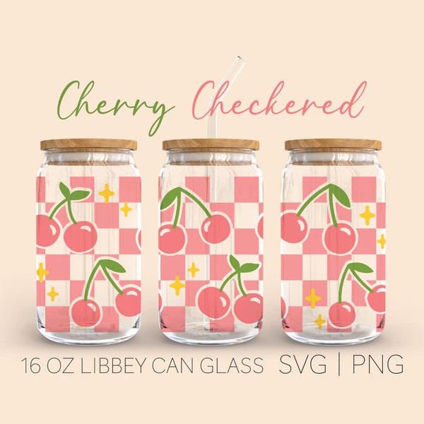 Cherries Checkered Libbey Can Glass Svg, 16 Oz Can Glass, Cherry Svg, Fruit Svg, Checkered Svg, Svg For Cricut, Digital Download