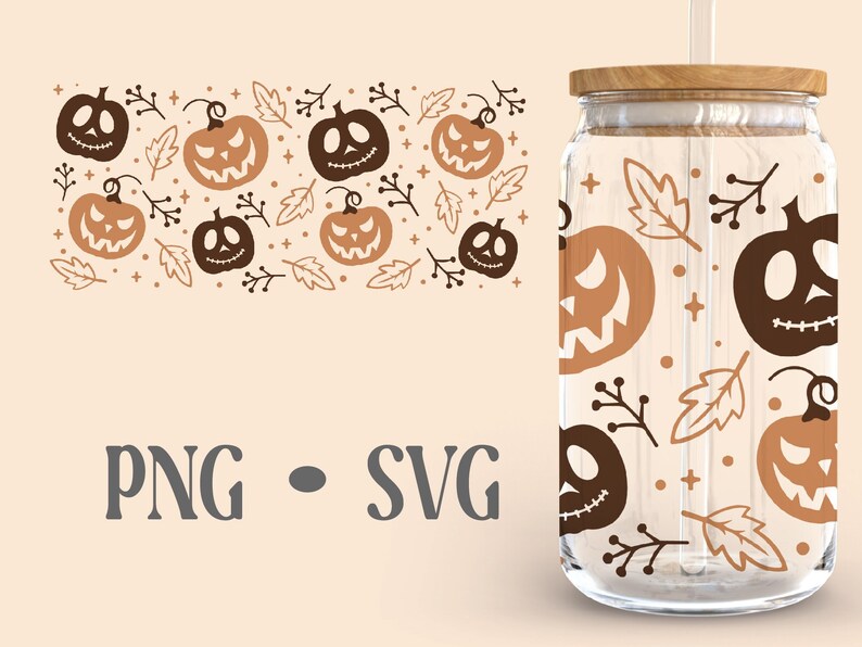 May include: A clear glass tumbler with a brown wooden lid and a straw. The tumbler is decorated with a repeating pattern of orange and brown jack-o'-lantern faces, leaves, and berries. The text "PNG - SVG" is visible in the lower center of the image.