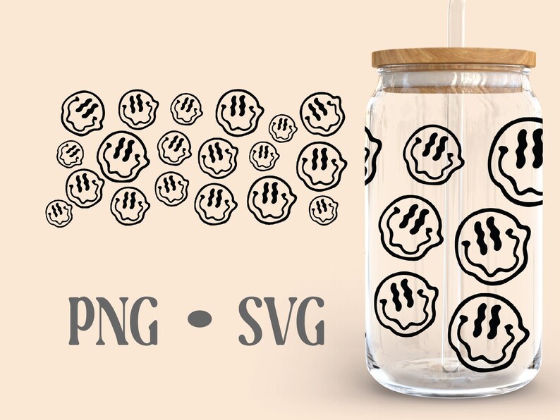 May include: A clear glass tumbler with a wooden lid and a straw. The tumbler is decorated with a repeating pattern of black and white smiley faces with wavy lines.