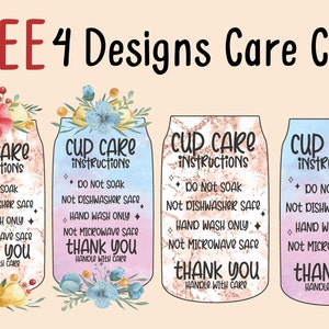 Pode incluir: Quatro designs diferentes de cart&otilde;es de cuidados para cupcakes. Cada cart&atilde;o tem uma cor de fundo e um design floral diferente. O texto nos cart&otilde;es diz "Instru&ccedil;&otilde;es de cuidados com os cupcakes" e inclui instru&ccedil;&otilde;es para manusear os cupcakes. O texto tamb&eacute;m diz "N&atilde;o mergulhar", "N&atilde;o &eacute; seguro para lava-lou&ccedil;as", "Lavar apenas &agrave; m&atilde;o", "N&atilde;o &eacute; seguro para microondas" e "Obrigado, manusear com cuidado".