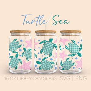 May include: Three 16 ounce glass jars with wooden lids and a blue and pink turtle and starfish pattern. The jars are labeled "Turtle Sea".
