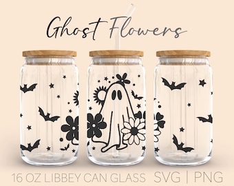 Ghost Flowers Libbey Can Glass Svg, 16 Oz Can Glass, Ghost Svg, wild Flower Svg, Halloween Svg, Can Glass Svg, Beer Can Glass, Design Cricut