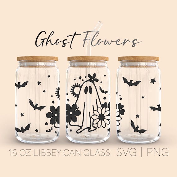 Ghost Flowers Libbey Can Glass Svg, 16 Oz Can Glass, Ghost Svg, wild Flower Svg, Halloween Svg, Can Glass Svg, Beer Can Glass, Design Cricut