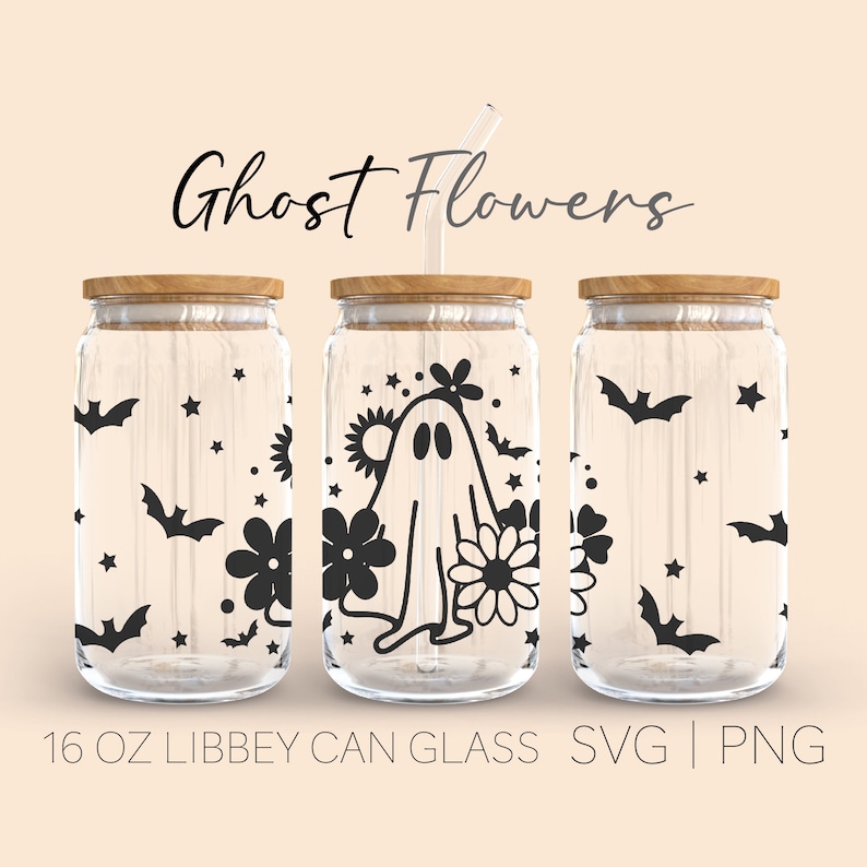 May include: Three 16 oz glass jars with wooden lids and straws. The jars are decorated with a ghost, flowers, bats, and stars. The text "Ghost Flowers" is at the top of the image.