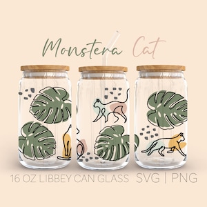 Monstera Cat Line Art Libbey Can Glass Svg, 16 Oz Can Glass, Monstera Svg, Cat Svg, Tropical Leaves Svg, Line Art Svg, Leaves Svg