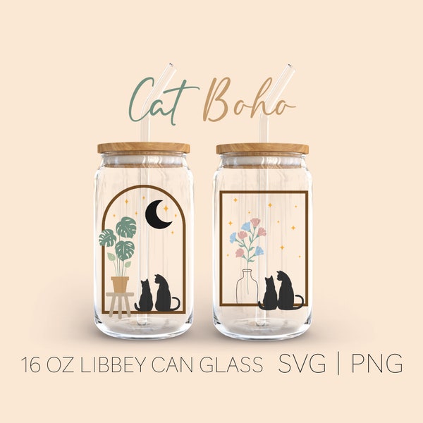 Cat Boho LLibey Can Glass Svg, 16 Oz Can Glass, Cat Mom Svg, Cat Svg, Crazy Cat Lady Svg, Cricut, Digital Download