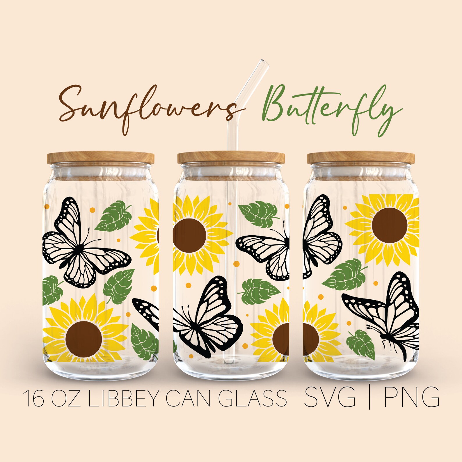 Sunflower Butterfly Libbey Can Glass Svg, 16 Oz Can Glass, Sunflower ...