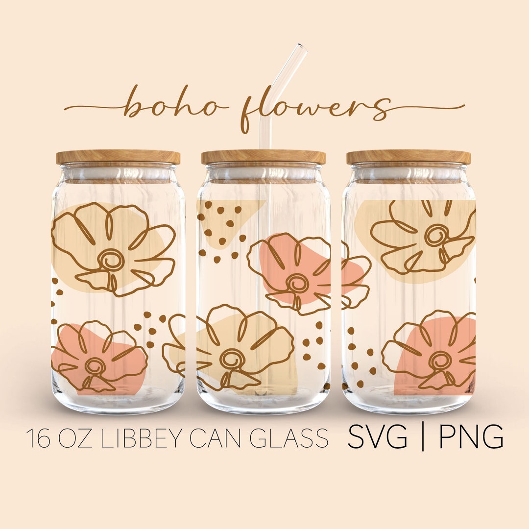 Boho Flowers • 16 Oz Glass Can Cut File, Floral Modern Minimalist ...