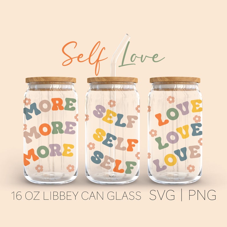 May include: Three 16 ounce glass jars with wooden lids. The jars are decorated with colorful, retro-style lettering that reads "More", "Self", and "Love".