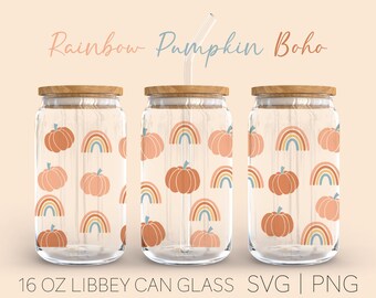 Rainbow Pumpkin Boho Libbey Can Glass Svg, 16 Oz Can Glass, Pumpkin Spice Svg, Boho Svg, Shaped Beer Glass, Pumpkin Spice Girl Mug, Cricut