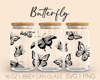 Butterfly Libey Can Glass Svg, 16 Oz Can Glass, beer can glass, iced coffee svg, Butterfly,  Digital Download