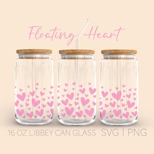 Schwimmende Herzen Libbey 16 Unzen Dosen Glasverpackung, Bierdose Glas SVG, geschnittene Wrap-Datei, Kaffeeglasdose, Bierglas svg png, Cricut geschnitten