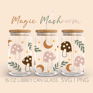 Magic Mushroom Libbey Can Glass Svg, 16 Oz Can Glass, Paquetes de svg de hongos trippy, Svg de hongos, Svg mágico, Svg celestial, Descarga digital