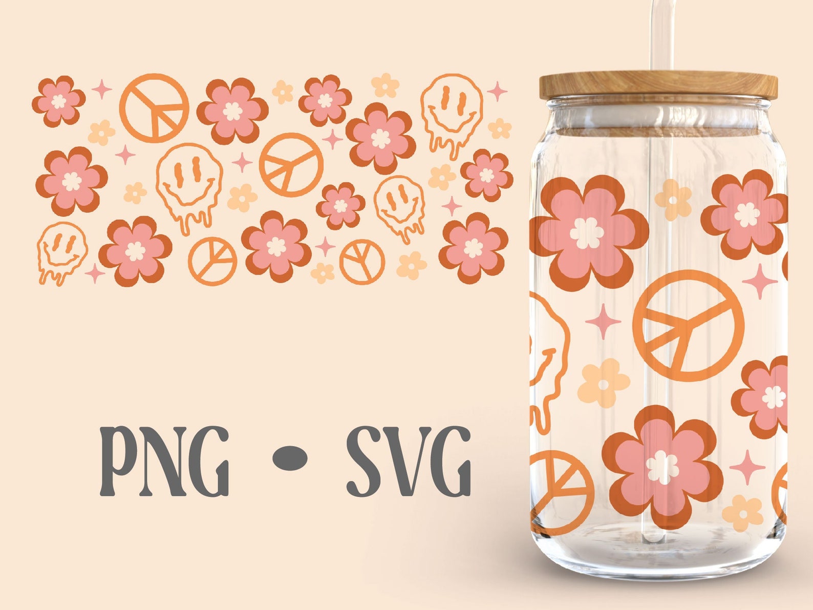 Groovy Melt Smiley Face Libbey Glass Can Svg, 16oz Wrap Template, Peace ...