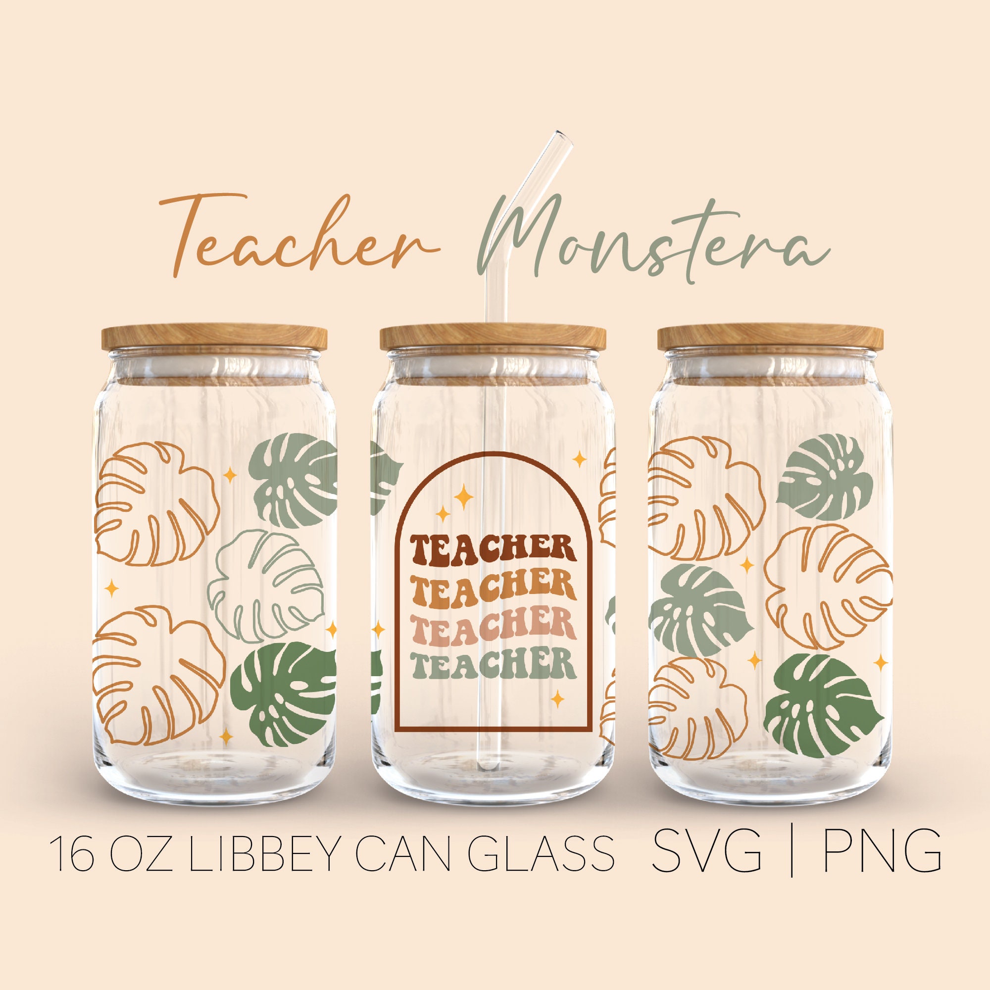 Teacher Monstera Boho Libbey Can Glass Svg 16 Oz Can Glass - Etsy