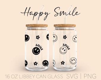 Smile Libbey Can Glass Svg, 16oz Can Glass, Smiley Svg , Cricut Cut File, Coffee Cup Svg, Libbey Glass Wrap, daisy libbey glass, Trendy Svg