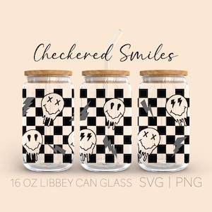 Melted Smiley Face Checkered Libbey Can Glass Svg, 16 Oz Can Glass, Smiley Drippy Face Svg, Trendy Svg, Lightening Bolt  Smiley Svg, Cricut