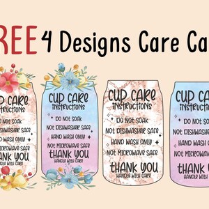 Puede incluir: Cuatro dise&ntilde;os diferentes para una tarjeta de instrucciones de cuidado de la taza. Cada tarjeta presenta un dise&ntilde;o floral con un fondo rosa, azul o dorado. El texto en cada tarjeta dice "Instrucciones de cuidado de la taza", "No remojar", "No apto para lavavajillas", "Lavar solo a mano", "No apto para microondas" y "Gracias, manipular con cuidado".