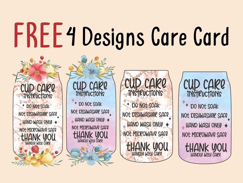 Puede incluir: Cuatro dise&ntilde;os diferentes para una tarjeta de instrucciones de cuidado de la taza. Cada tarjeta presenta un dise&ntilde;o floral con un fondo rosa, azul o dorado. El texto en cada tarjeta dice "Instrucciones de cuidado de la taza", "No remojar", "No apto para lavavajillas", "Lavar solo a mano", "No apto para microondas" y "Gracias, manipular con cuidado".