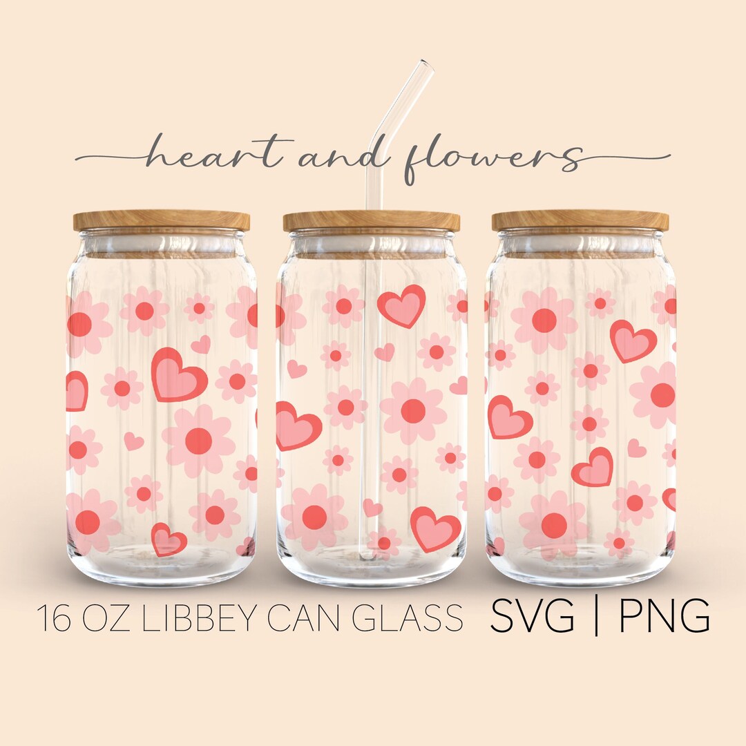 Heart and Flower • 16 Oz Glass Can Cut File, Heart Svg, Retro Flowers ...